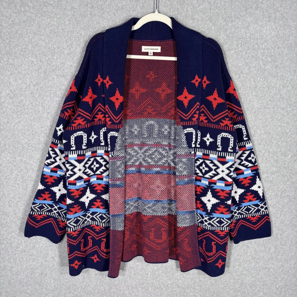 Lucky Brand Cardigan Sweater XL Aztec Southwestern Horseshoe Shawl Collar Stars